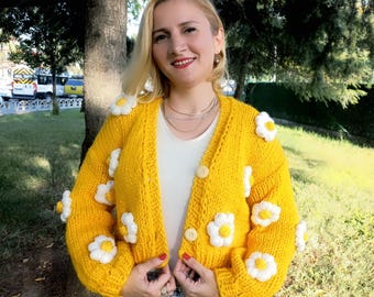 3D Daisy Knit Cardigan: Chunky Floral Wool Jacket - Etsy