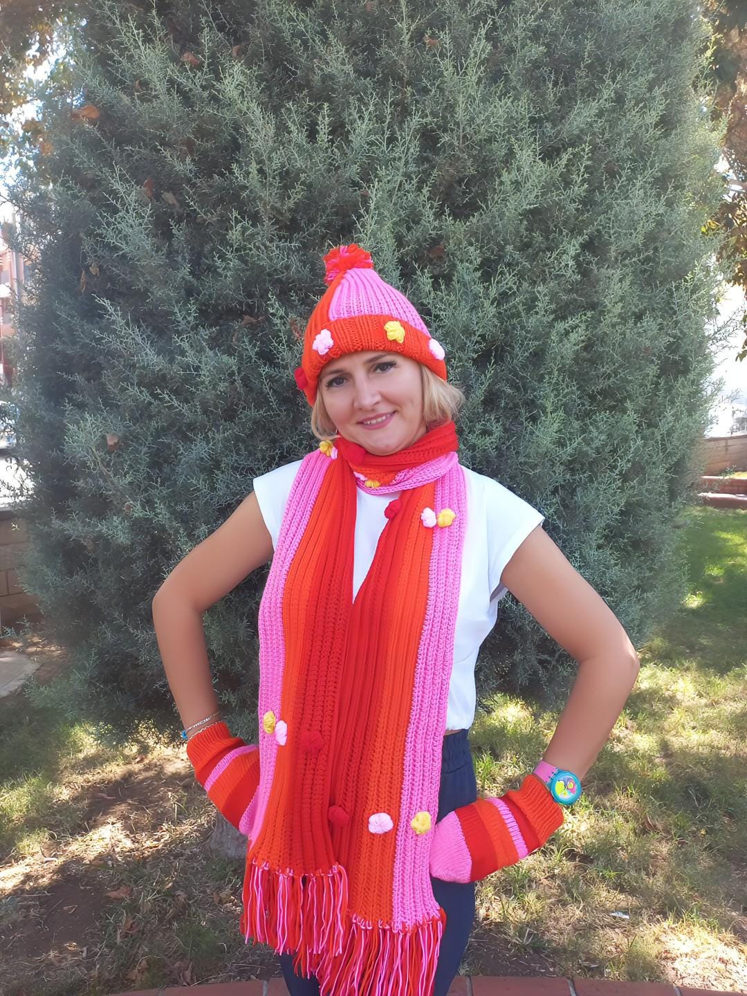 Handmade Crochet Winter Set: Red, Pink, Orange Scarf, Gloves  display picture 2