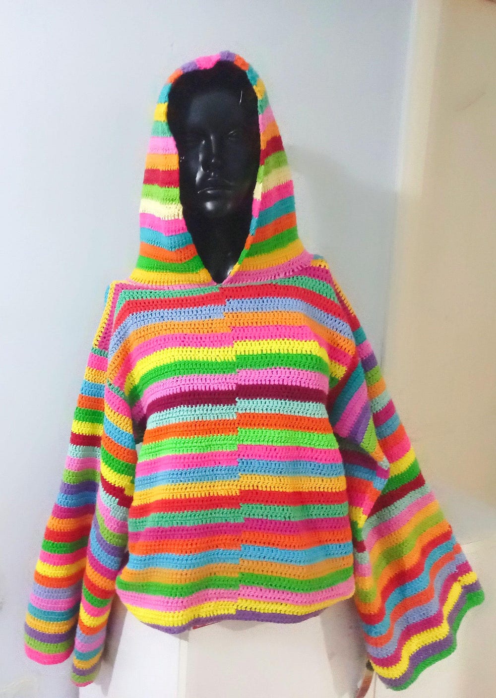 Crochet Coton Hoodie Sweater, Hand-Knit Colorful Sweater, Handmade Colorful Sweater, Gift For Her Mom, Striped Sweater, Big Sleeves Sweater Moderndaydecors