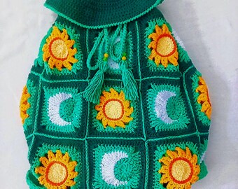 Gehaakte Sun and Moon-rugzak: boho gebreide katoenen tas