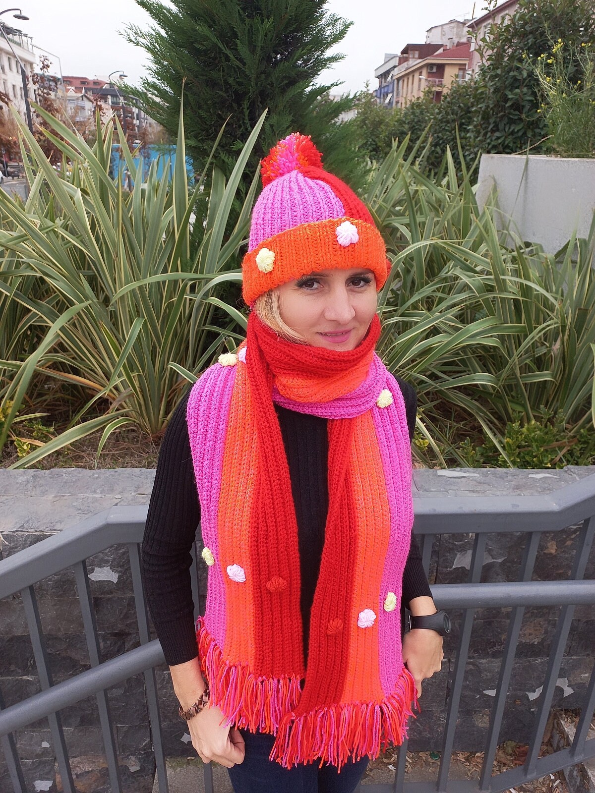 Pink and Orange Argyle Beanie and Scarf Set Handmade Crochet Winter Set: Red, Pink, Orange Scarf, Gloves  main image 4