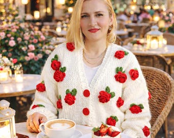 Cárdigan grueso de rosas rojas a crochet: suéter extragrande de punto