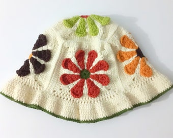 Crochet daisy hat, crochet bucket hat, knitted hat, unisex hat, crochet accessories, gift for her,hand knit coton summer hat, bucket hat man