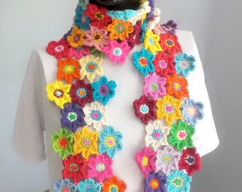 Crochet coton flower scarf, handmade scarf, flower scarf, crochet colorful scarf, crochet necklace, gift for her, gift for mom