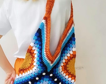 Bolso de algodón cuadrado de la abuela tejido a crochet: bolso de hombro colorido hecho a mano