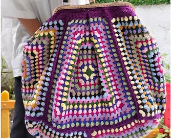 gehäkelte Poppins Bauletto Tasche, gehäkelte XL Tasche mit Clipverschluss, Metallrahmen, bunte Häkeltasche, Geschenk für Sie