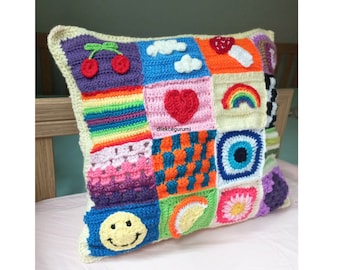 Handknit Crochet Pillow: Colorful Character Motifs
