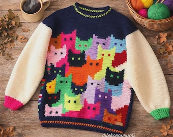 MerlaDesigns 猫柄ニットカーディガン（女性用）、グレーの手編み