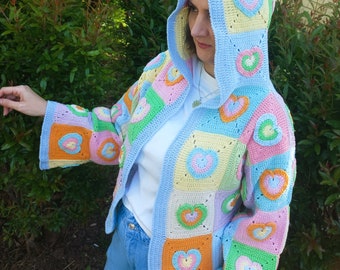 crochet heart granny square hoodie cardigan, crochet pastel color cardigan, colorful cardigan,gift for her, gift for her mom, gift for women