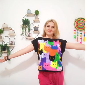 Crochet cat blouse sweater, colorful crochet blouse, gift for her, knit cat blouse, gift for women, cat things, crochet cat, summer blouse