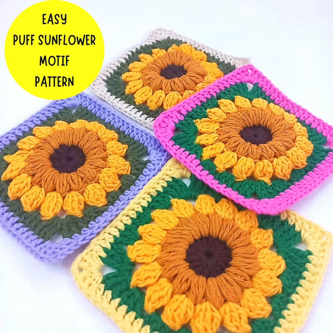 Crochet Puff Sunflower Granny Square Pattern, Easy Beginner Sunburst ...