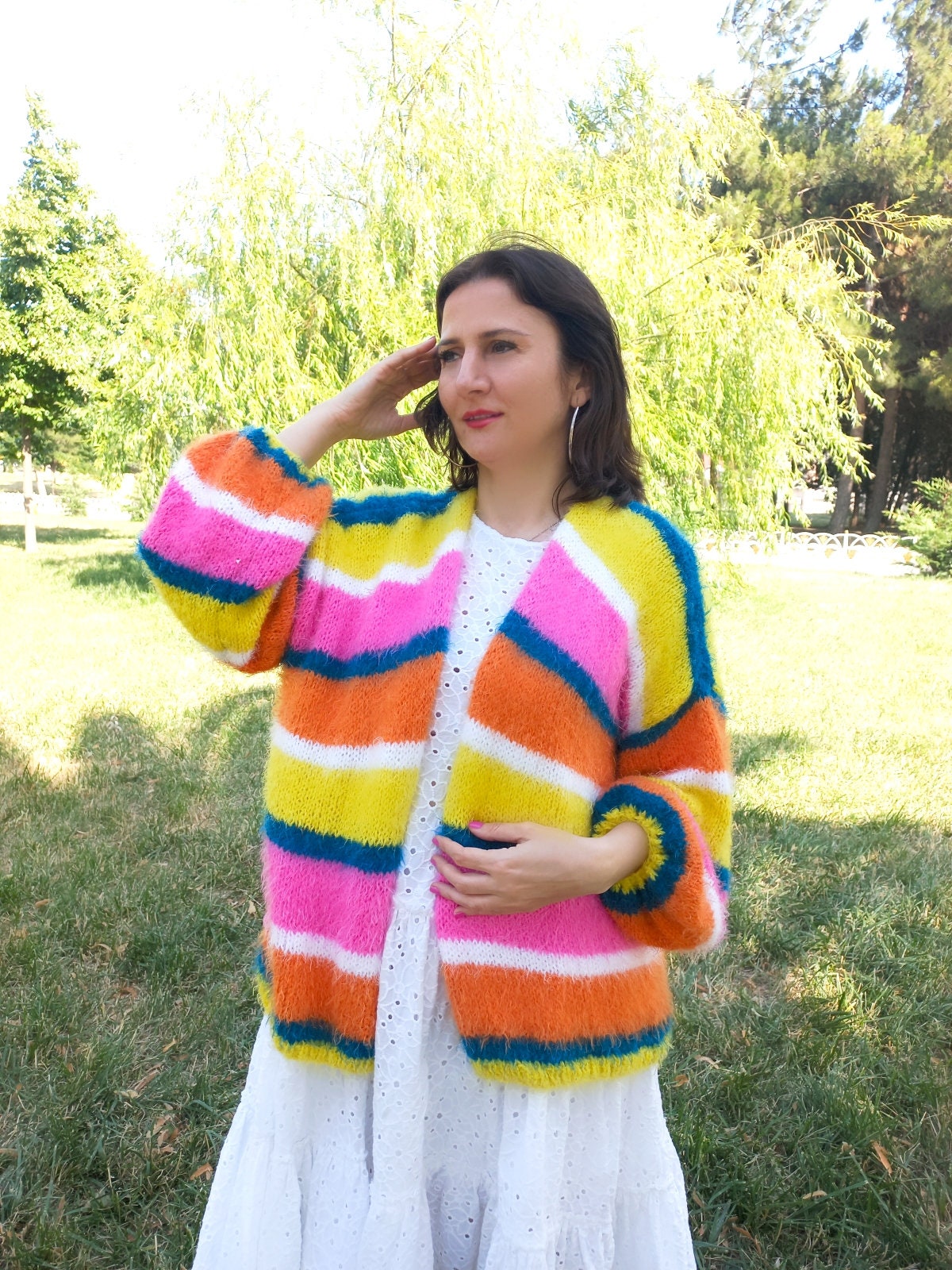 Oversize Soft Furry Colorful Knitted Cardigan, Knit Mohair Cardigan, Womens Cardigan, Gift for ...