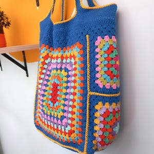 Handmade Crochet Granny Square Tote Bag: Colorful Cotton Large Bag