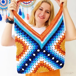 Crochet Granny Square Cotton Tote Bag: Colorful Handmade Shoulder Bag