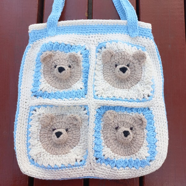 Crochet teddy bear tote bag, bear bag, gift for her, crochet bear, granny square crochet bag, crochet flower bag, colorful crochet bag