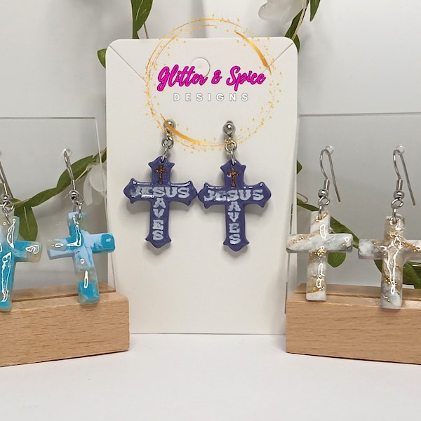 Christian Cross Earrings - Set of 3 Styles: Blue Marble, White Quartz, Purple - Engraved 'Jesus Saves' - Easter & Baptism Gifts