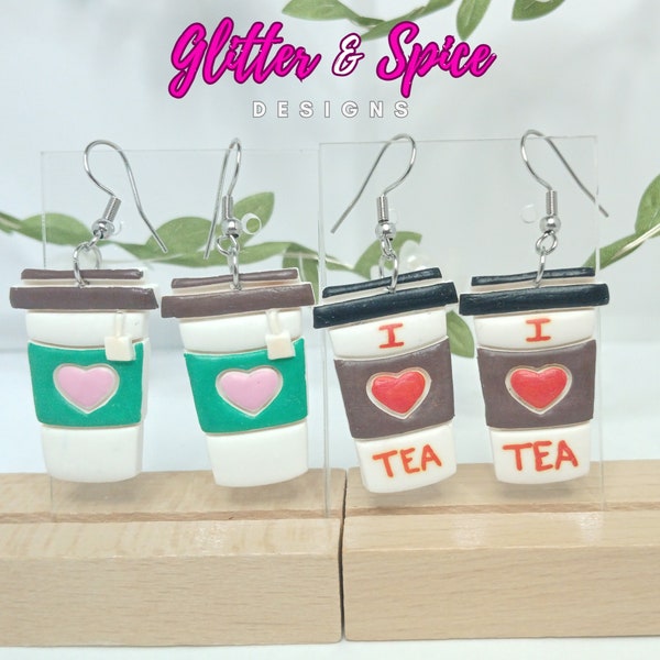 Tea Lover's To Go Cup Polymer Clay Earrings - Cute 3D Tea Bag Design