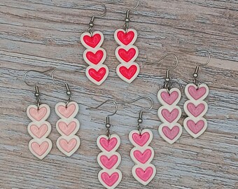 Trio de boucles d'oreilles coeurs 3D, thème clair, Saint Valentin, bijoux fantaisie, roses, blanc
