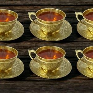Handmade Brass Tea Cup and Saucer Set | Luxury Indian Drinkware | Elegant Gift for Tea Lovers&quot; (6 Cup 6 Sucer) Set of 6