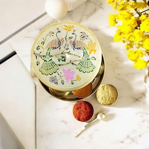 Brass Masala Dabba Spice Box: Peacock Art, Indian Kitchen Storage