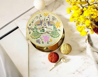 Brass Masala Dabba Spice Box: Peacock Art, Indian Kitchen Storage