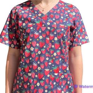 STRAWBERRY SCRUB TOPS. 100% Cotton.  For all health care workers, nurses, age care, doctors, vets.