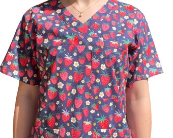 STRAWBERRY SCRUB TOPS. 100% Cotton.  For all health care workers, nurses, age care, doctors, vets.