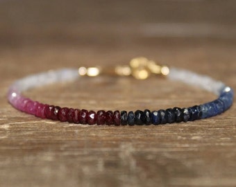 AAA Ruby and Blue Sapphire Ombre Bracelet, Moonstone, Ruby Jewelry, July September Birthstone. Gemstone Bracelet