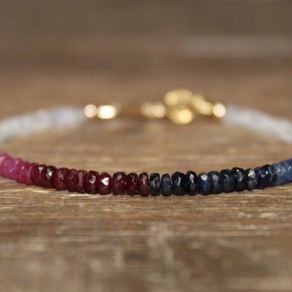 AAA Ruby and Blue Sapphire Ombre Bracelet, Moonstone, Ruby Jewelry, July September Birthstone. Gemstone Bracelet