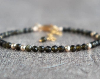 Gold Sheen Obsidian Bracelet, Handmade Jewelry, Golden Obsidian Crystal Protection Bracelet, Adjustable Healing Bracelets for Women, Gifts