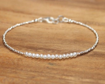 Freshwater Pearl Bracelet, Hill Tribe Silver Beads, Fine Silver, Pearl Jewelry, June Birthstone, Layering, Minimalist,