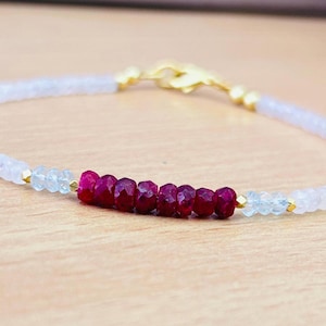 Ruby bracelet, Longido Ruby, July Birthstone, Moonstone Bracelet, Aquamarine, All Natural Ruby, Dainty Beaded Genuine Gemstone Crystal