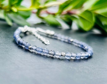 AAA Iolite Bracelet with Rose Gold Fill or Sterling Silver, Delicate Gemstone Beaded Stacking Bracelet, Iolite Jewelry, Blue Gemstone, Gifts