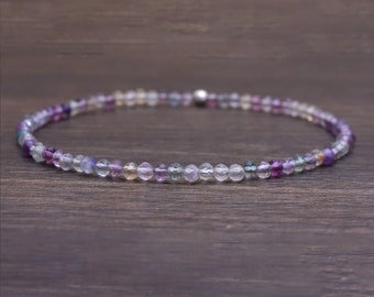 Delicate Fluorite Stretch Bracelet, Beaded Purple Green Gemstone Stacking Jewelry, Tiny Faceted Beads