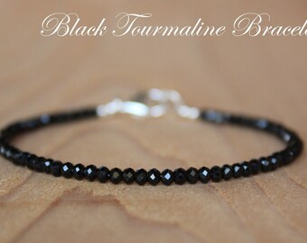 Black Tourmaline Bracelet, Empath Protection Bracelet, October Birthstone, Genuine Gemstone Beaded Bracelet, thin black tourmaline bracelet