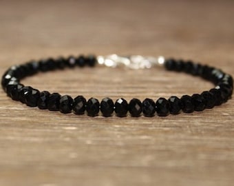 Bracelet spinelle noir, perles à facettes, bijoux spinelle noir, argent sterling, minimaliste, bracelet de superposition