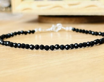 Black Tourmaline Bracelet, Empath Protection Bracelet, October Birthstone, Genuine Gemstone Beaded Bracelet, thin black tourmaline bracelet