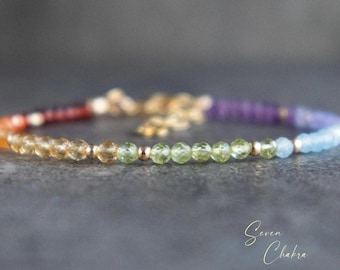 7 Chakra Bracelet with Real Stones, Chakra Bracelet, Garnet,Carnelian,Citrine, Peridot, Aquamarine, Iolite, Amethyst, Rainbow Chakra Jewelry