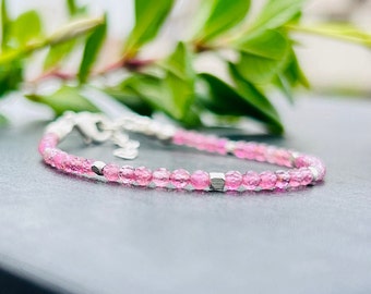 Natural Pink Tourmaline Bracelet Watermelon Multi Tourmaline Micro Faceted Round Beads Bracelet, Minimalist Bracelet, Anniversary Gift Her