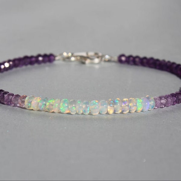 Natural Opal bracelet, Amethyst Bracelet with opal, February Birthstone, October Birthstone, Genuine Gemstone Dainty Beaded Bracelet