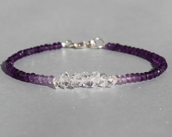 Bracelet améthyste avec diamant Herkimer, pierre de naissance de février, bracelet Herkimer, bracelet améthyste, bracelet Ombre perlé Dainty Gemstone