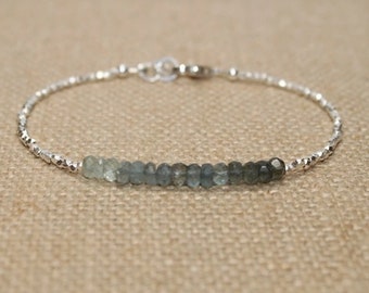 Moss Aquamarine Bracelet, Hill Tribe Silver Beads, Moss Aquamarine Jewelry, Ombre, Shaded, Pure Silver, March Birthstone