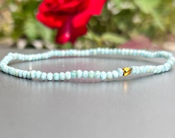 Larimar Stretch Bracelet, Dainty Beaded Blue Stone Jewelry, March Birthstone Crystal, Stacking Bracelet, Mother's Day Gift Zodiac Bracelet