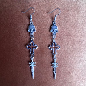 Handmade 925 Sterling Skull Cross & Sword Earrings • Grunge Punk Earrings Dangle • Unique Jewelry Gift