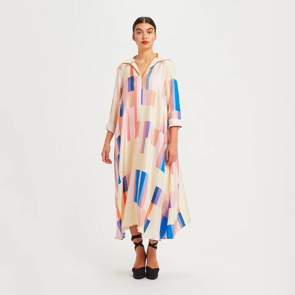 Caftan en crêpe français de style col long, robe de dubaï, haut de tenue de soirée, joli caftan imprimé, look occidental, caftan de plage pour femmes