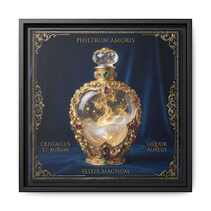 Puede incluir: Obra de arte enmarcada que presenta una botella de vidrio decorativa con filigrana dorada, joyas de colores y un tapón de cristal. La botella contiene un líquido dorado arremolinado. El texto dice "Philtrum Amoris", "Liquor Aureus", "Elixir Magnum", y "Cristallus et Aurum".