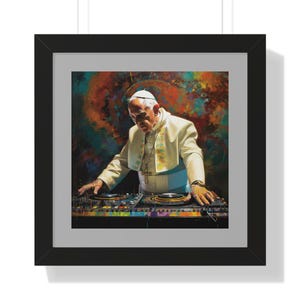 Pope DJ – Surreales Horizontales Poster, Premium Tinte & Fotopapier, Schwarz/Walnuss/Weiß Rahmen, kostenloser US Versand