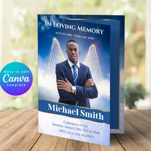 May include: A blue and gold funeral announcement card with a photo of a man in a suit. The text reads "In Loving Memory August 1980 - February 2020 Michael Smith Celebration of Life Saturday January 26th, 2022 at 10am 38923 ave st your city 89033"