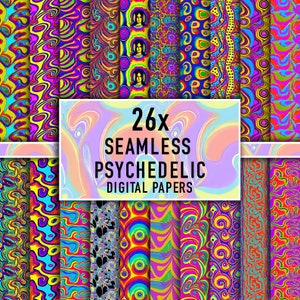 May include: A set of 26 digital papers featuring psychedelic patterns in vibrant colors like yellow, blue, red, green, and purple. The papers are seamless and can be used for various creative projects.