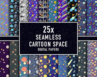 Digitalt rymdpapper, sömlöst universumsmönster, rymdtryck, planetbakgrund, klippbok